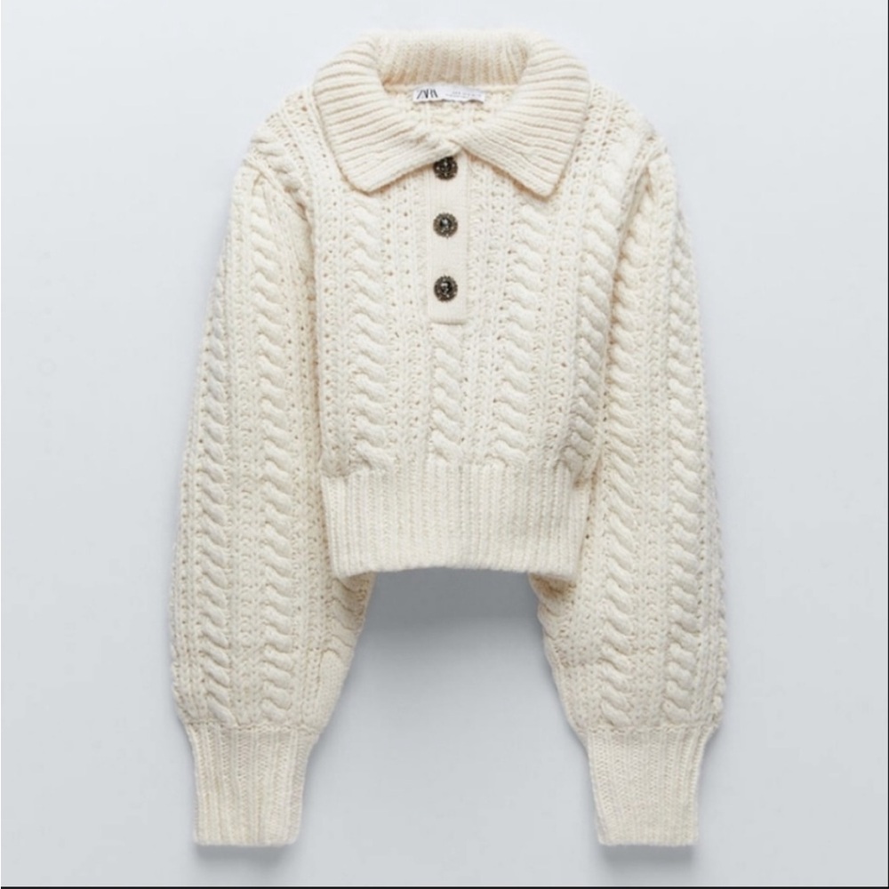 Zara Cream Crew Neck Cable Knit Sweater - Picture 2 of 5